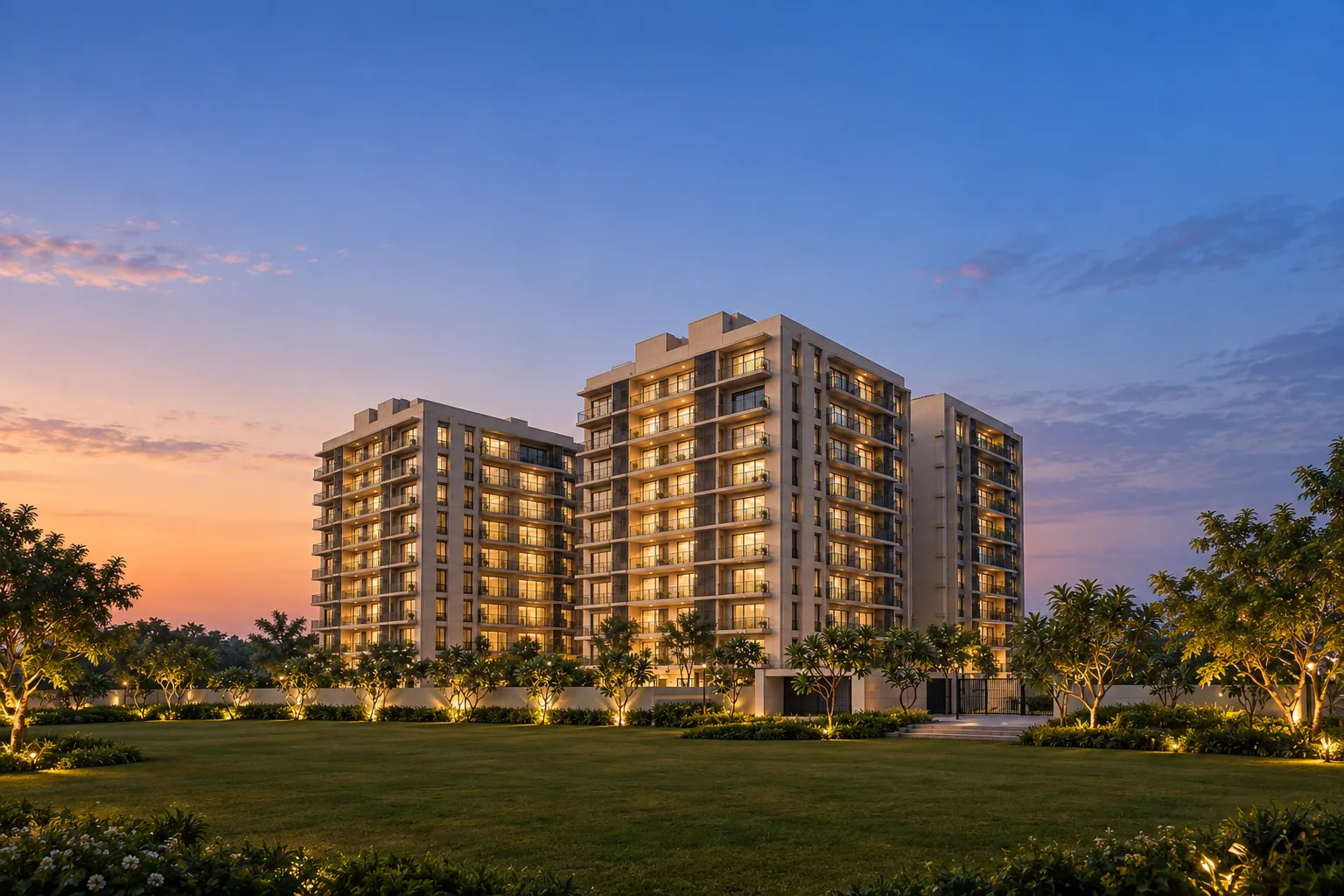 The same development completed at dusk, windows lit and the grounds landscaped