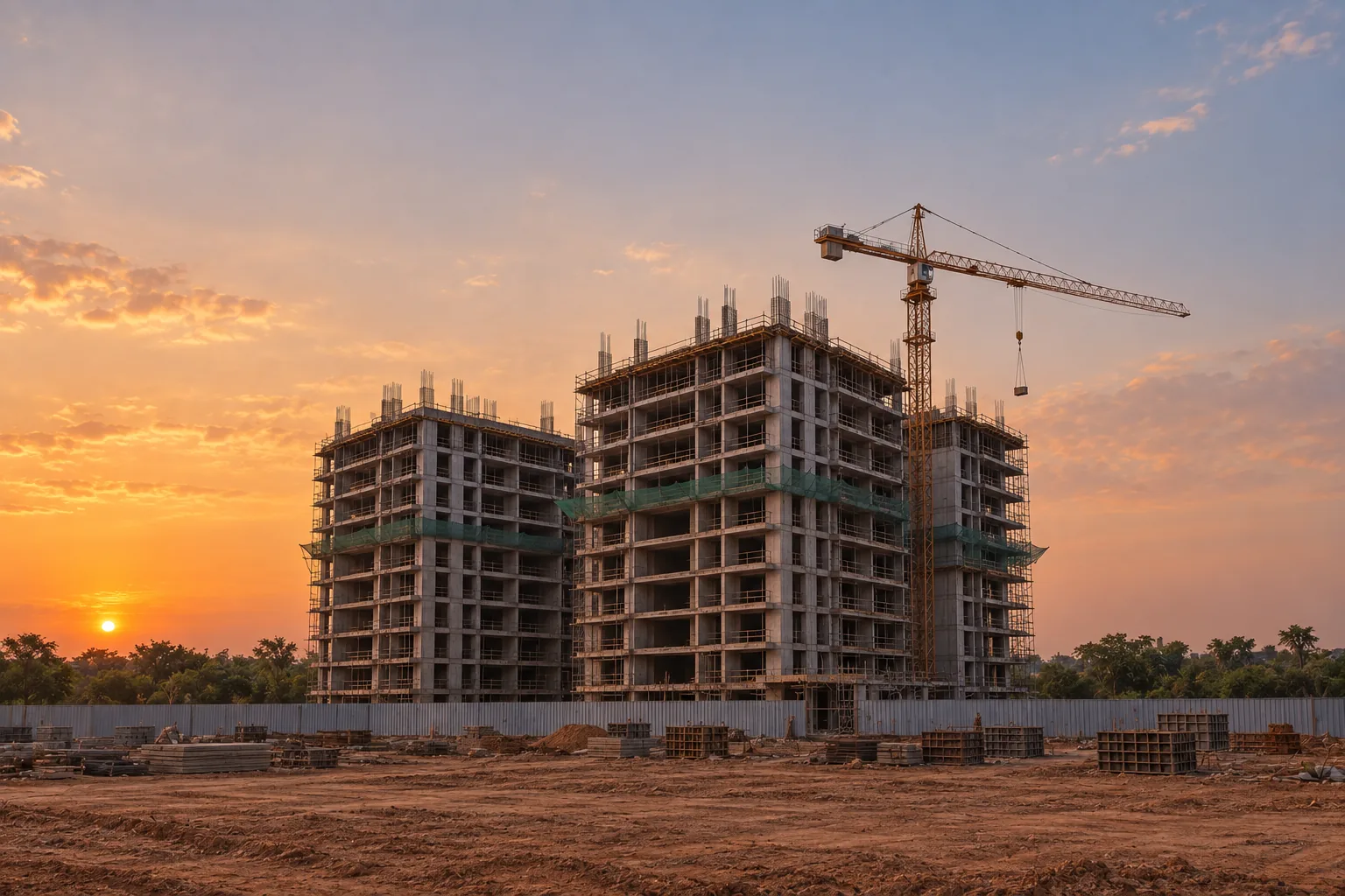 The development under construction at sunset: two concrete frames in scaffolding beside a tower crane
